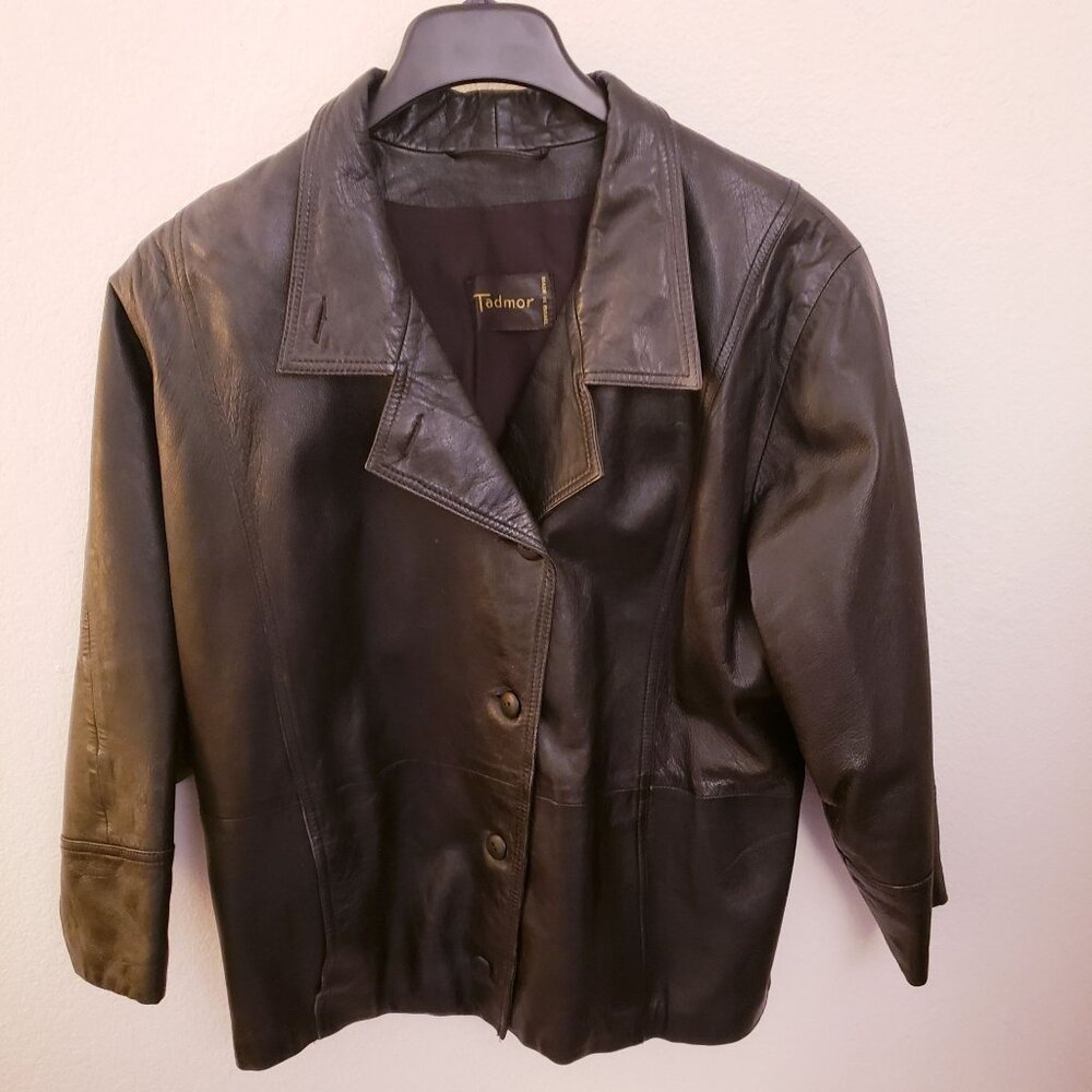 Vintage Tadmor Black Leather Button Front Cropped Jacket Made in Israel Size 40